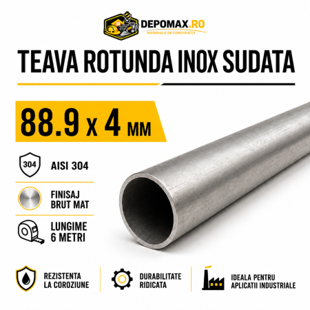 Teava rotunda inox sudata AISI 304, 88.9 x 4 mm, 6 metri